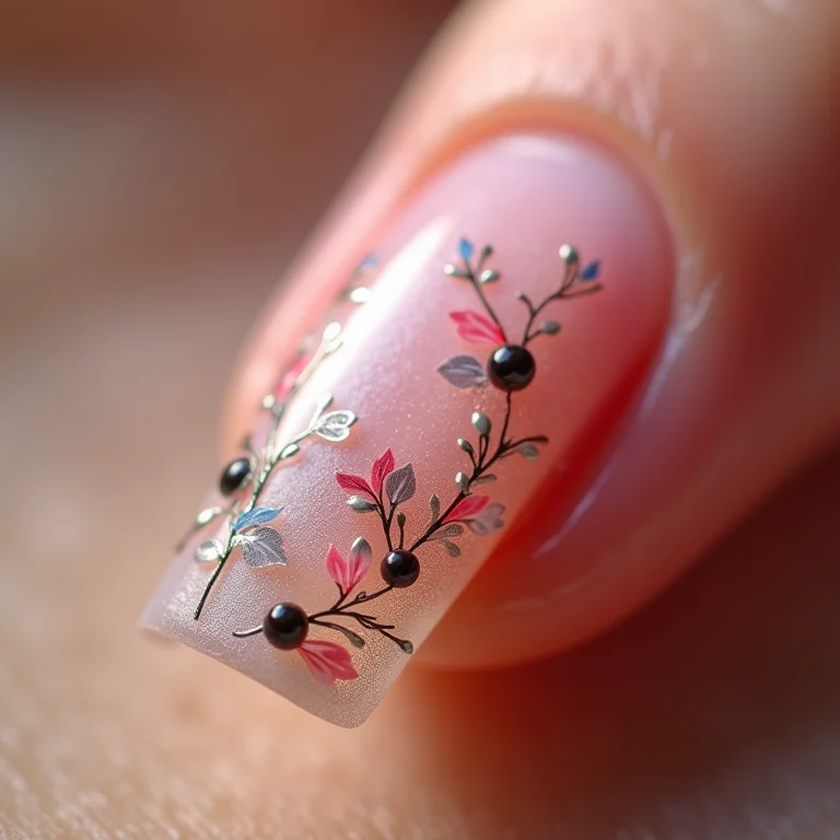 Unha decorada com 'W' floral e aplicações.