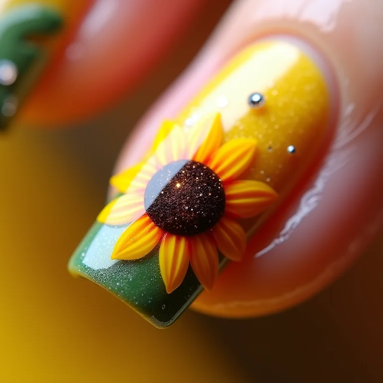 Unha decorada girassol com pedrarias.