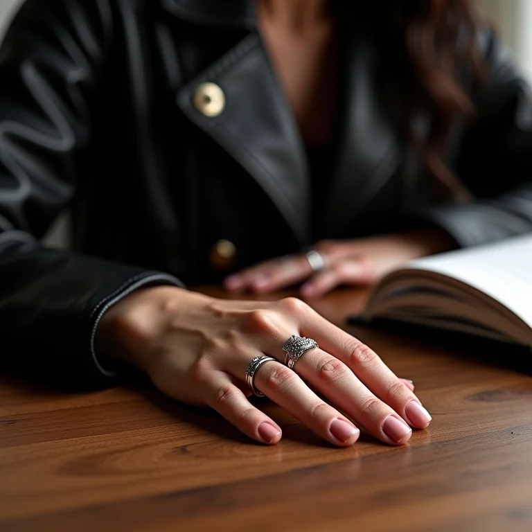 Unha decorada preta combinada com jaqueta de couro e anéis de prata.