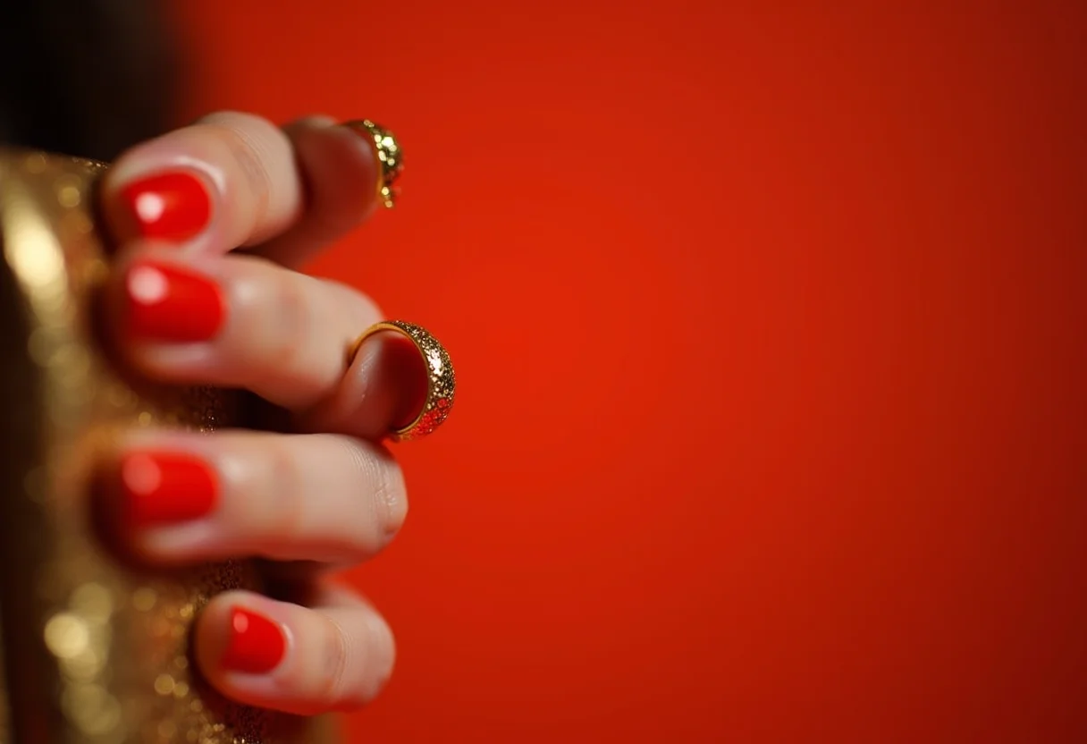 Unha decorada vermelha e dourada segurando clutch dourada