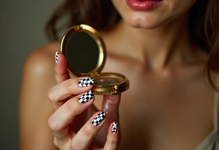 Unha decorada xadrez preto e branco segurando espelho compacto dourado.