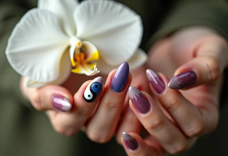 Unha decorada Yin Yang com orquídea branca
