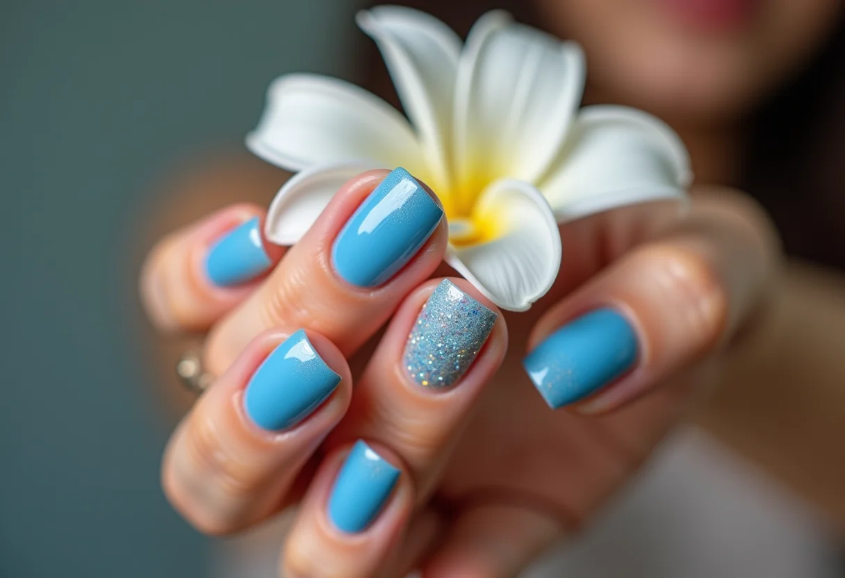 Unha degradê azul com glitter segurando flor branca.