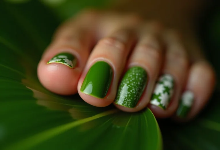 Unha do pé decorada segurando folha de monstera