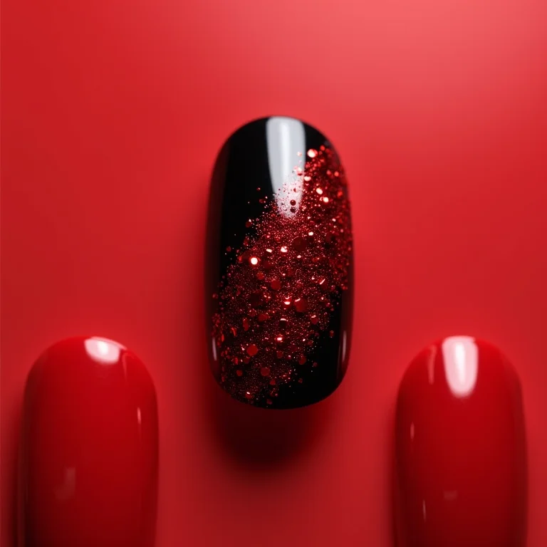 Unha filha única com glitter vermelho e unhas vermelhas