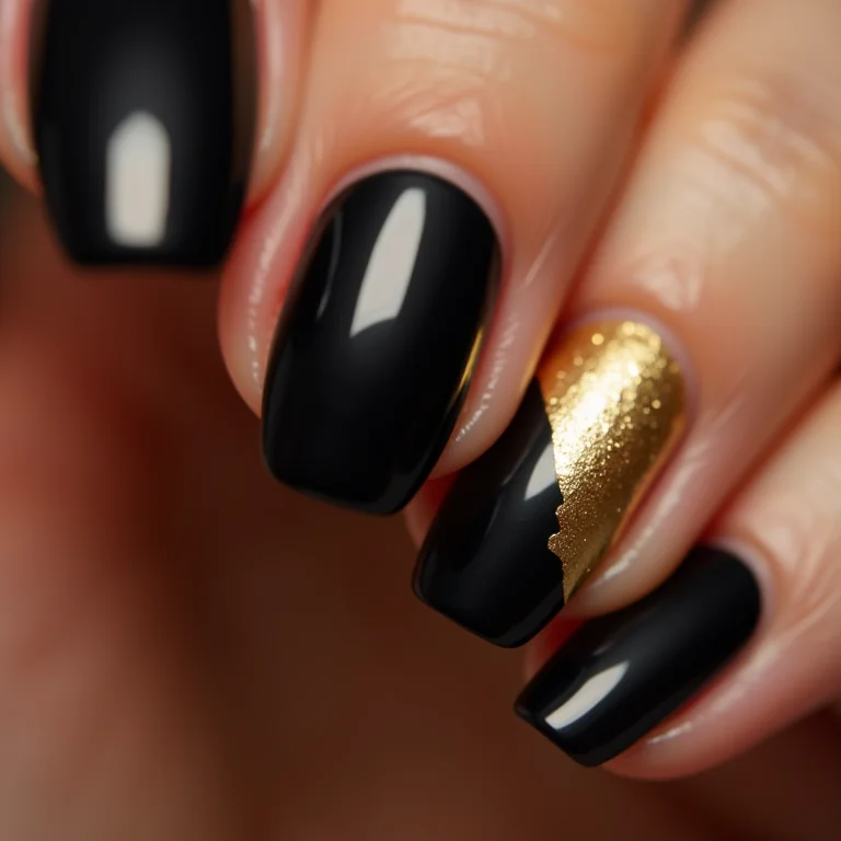 Unha filha única preta com detalhe em folha de ouro