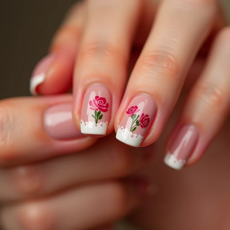 Unha francesinha com rosas delicadas.