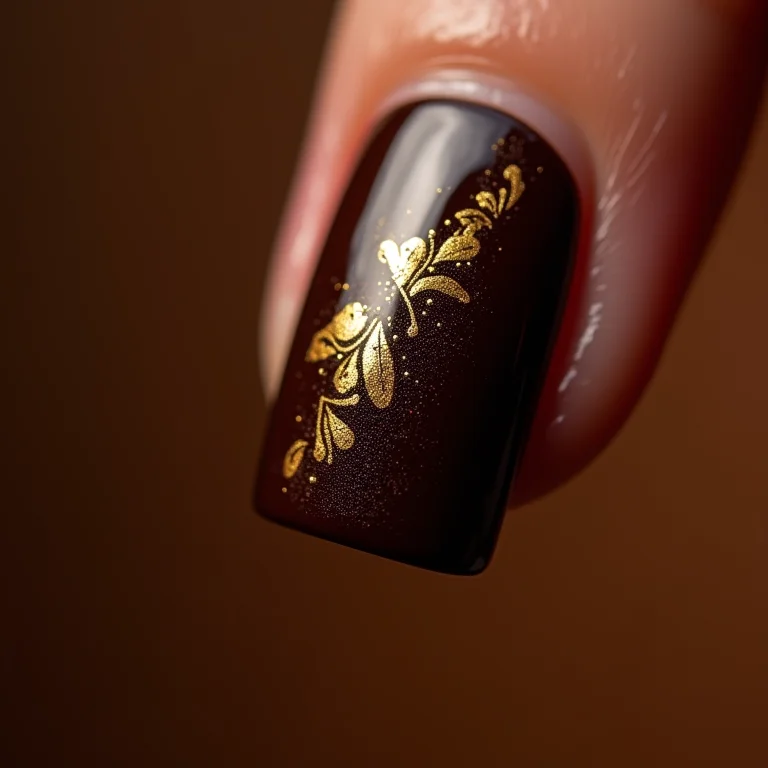 Unha marrom com detalhes em folha de ouro