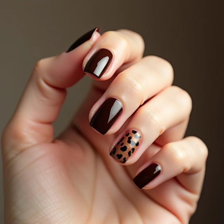 Unha marrom com estampa de leopardo