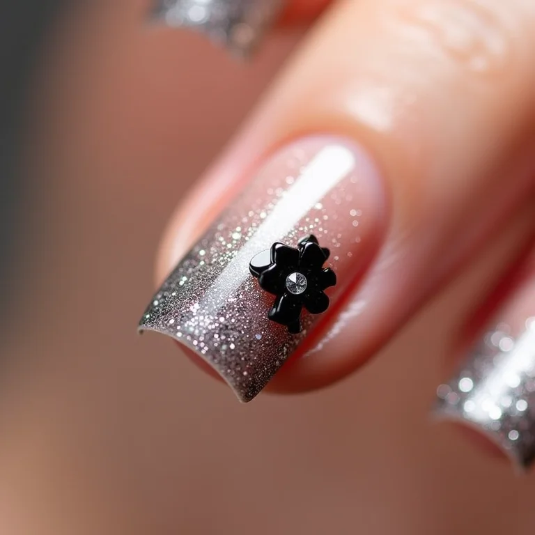 Unha nude com preto e glitter prateado