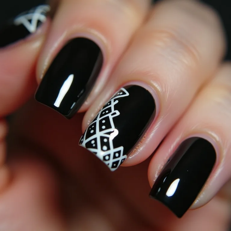 Unha preta com desenhos geométricos brancos