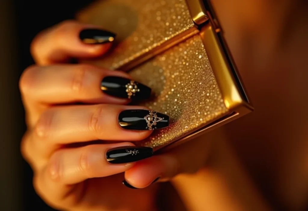 Unha preta decorada segurando clutch dourada