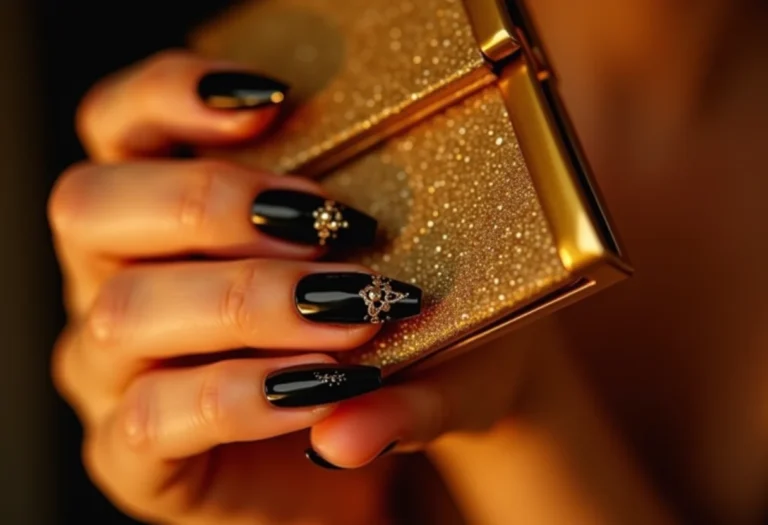 Unha preta decorada segurando clutch dourada