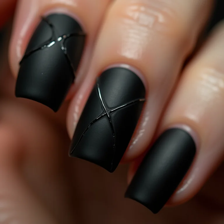 Unha preta fosca com detalhes geométricos