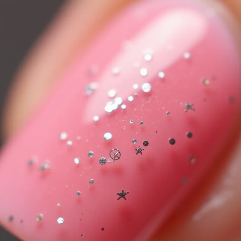 Unha rosa bebê com glitter prata em close-up