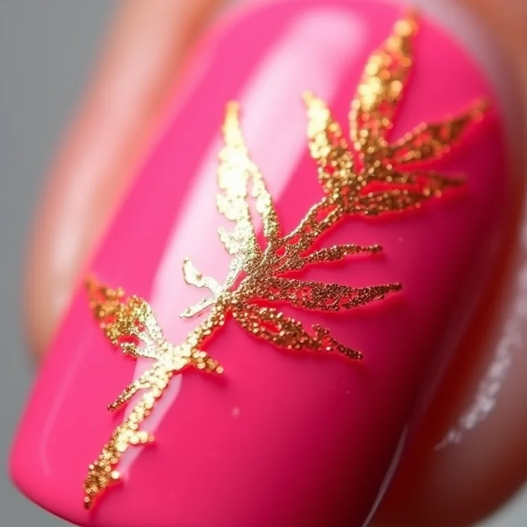 Unha rosa vibrante com detalhes em folha de ouro em close extremo