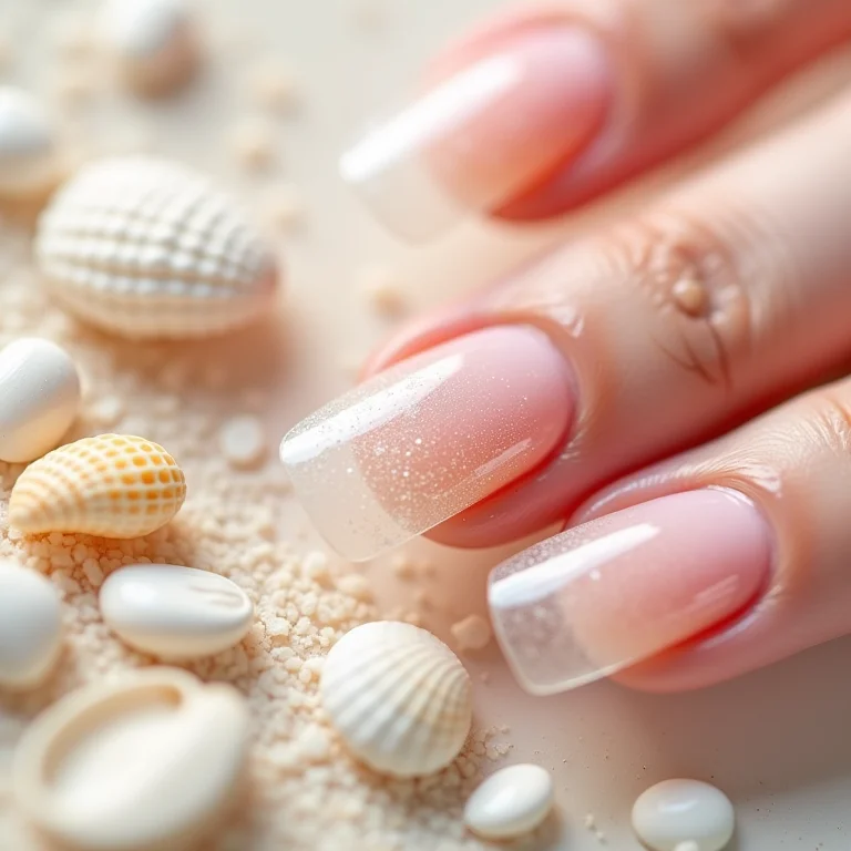 Unha transparente com conchas e areia, detalhe macro.