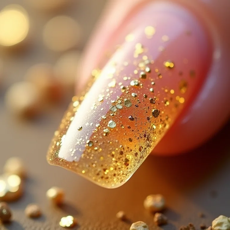 Unha transparente com glitter dourado e ervas secas, detalhe macro.