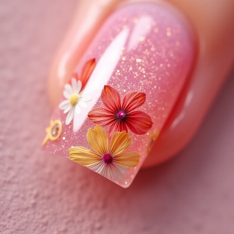 Unha transparente com pétalas de flores secas, detalhe macro.