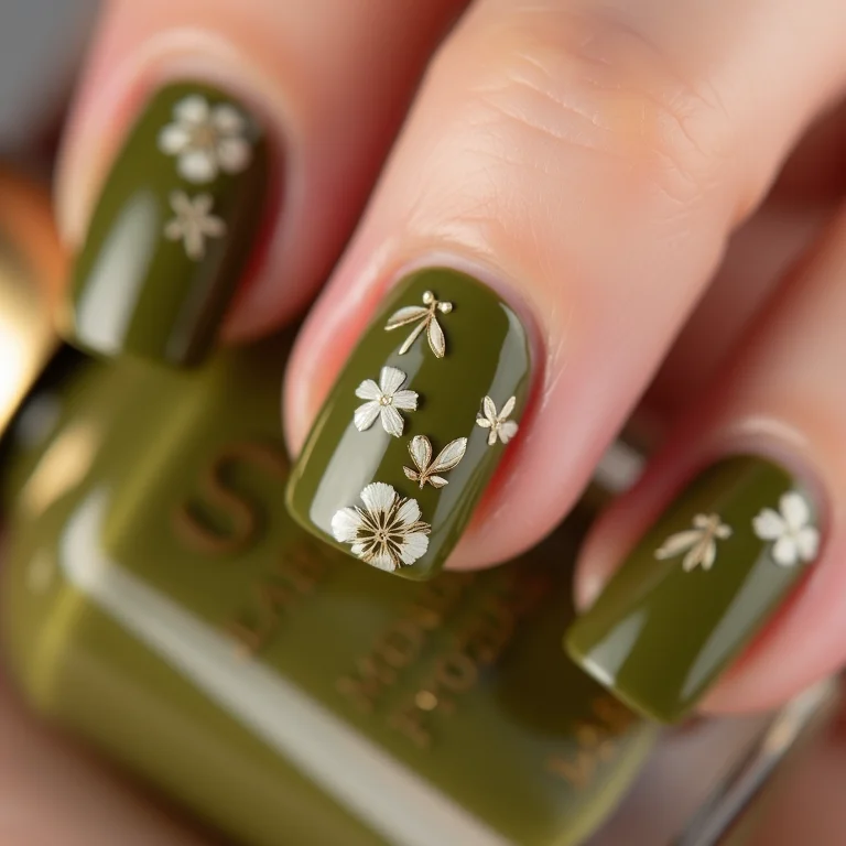 Unha verde oliva com adesivos florais