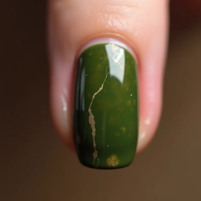 Unha verde oliva com efeito marmorizado