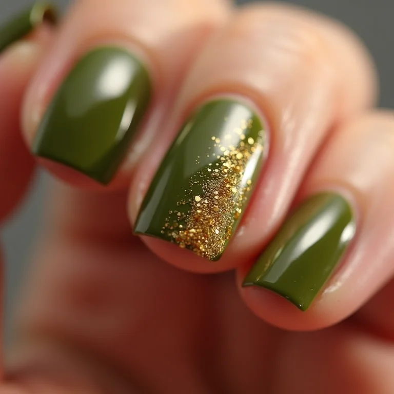Unha verde oliva com glitter dourado