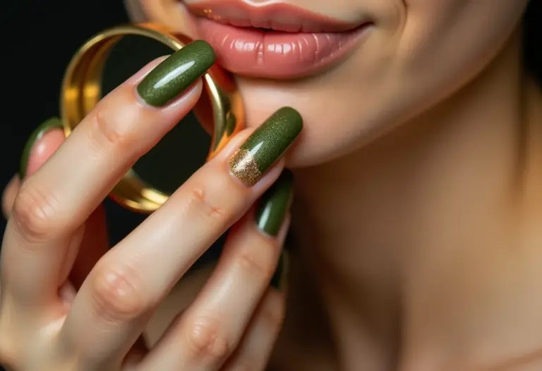 Unha verde oliva decorada com dourado e espelho vintage