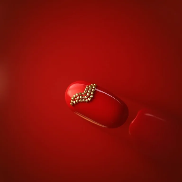 Unha vermelha com aplicação de pedrarias douradas