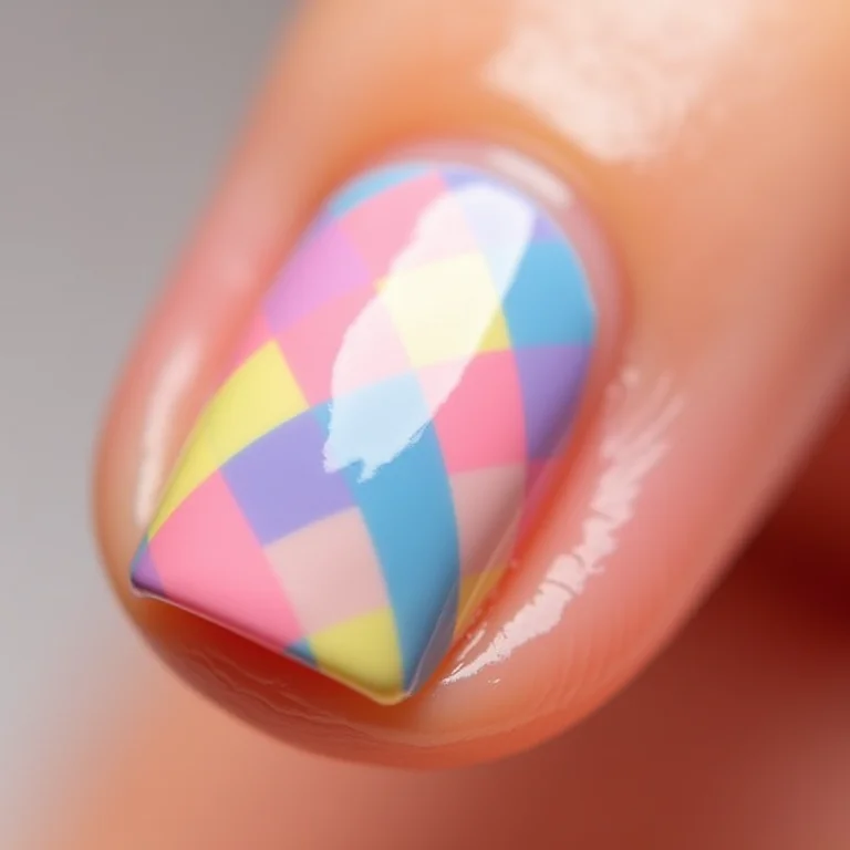 Unha xadrez colorida em tons pastel.