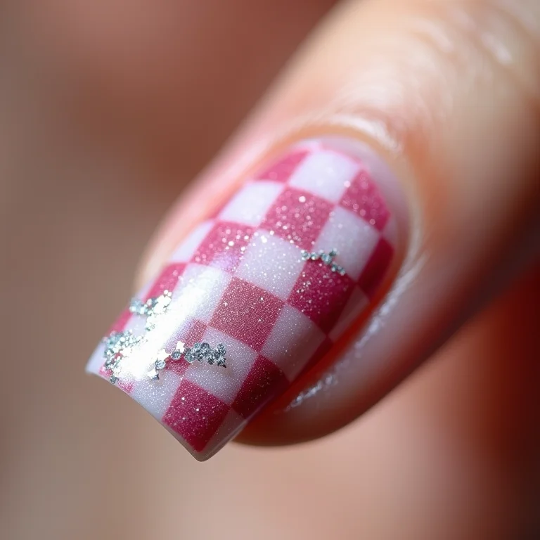 Unha xadrez com glitter prata.