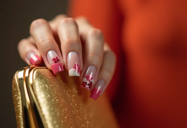 Unhas 3D florais segurando clutch dourada