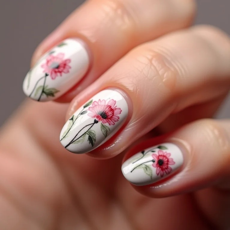 Unhas almond com desenhos florais