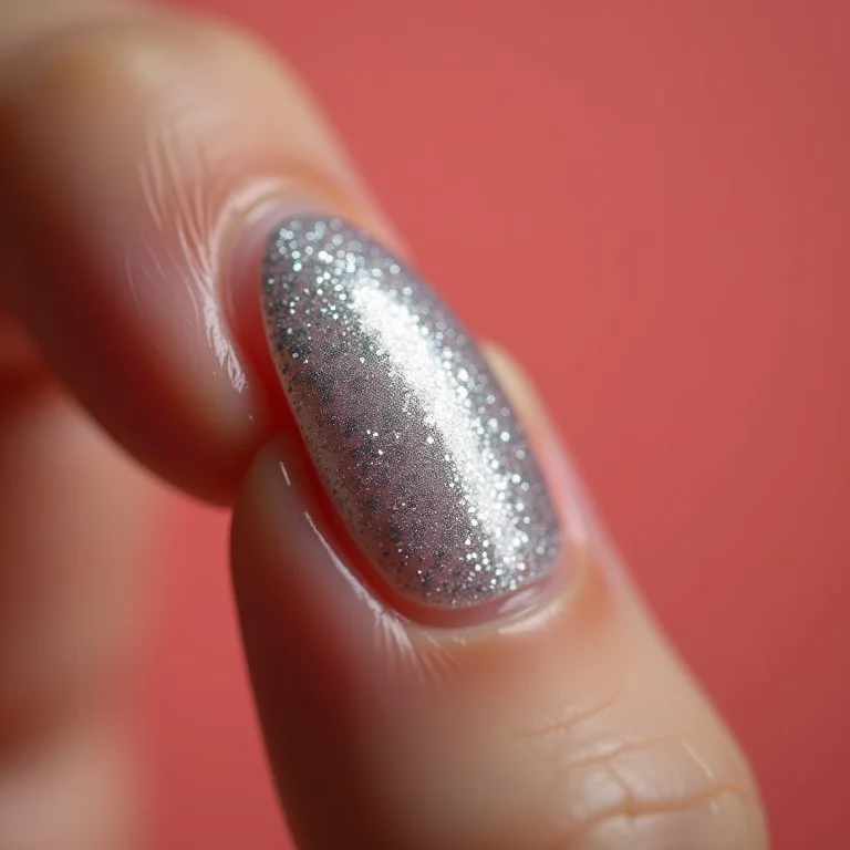 Unhas almond com glitter prata delicado