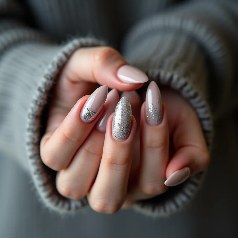 Unhas almond com glitter prata sobre cashmere