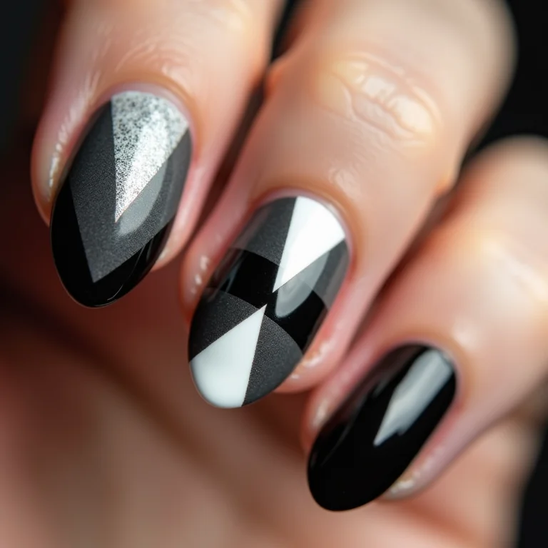 Unhas almond com nail art geométrica em preto e branco