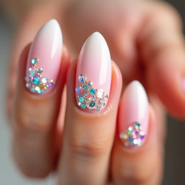 Unhas almond com pedrarias iridescentes