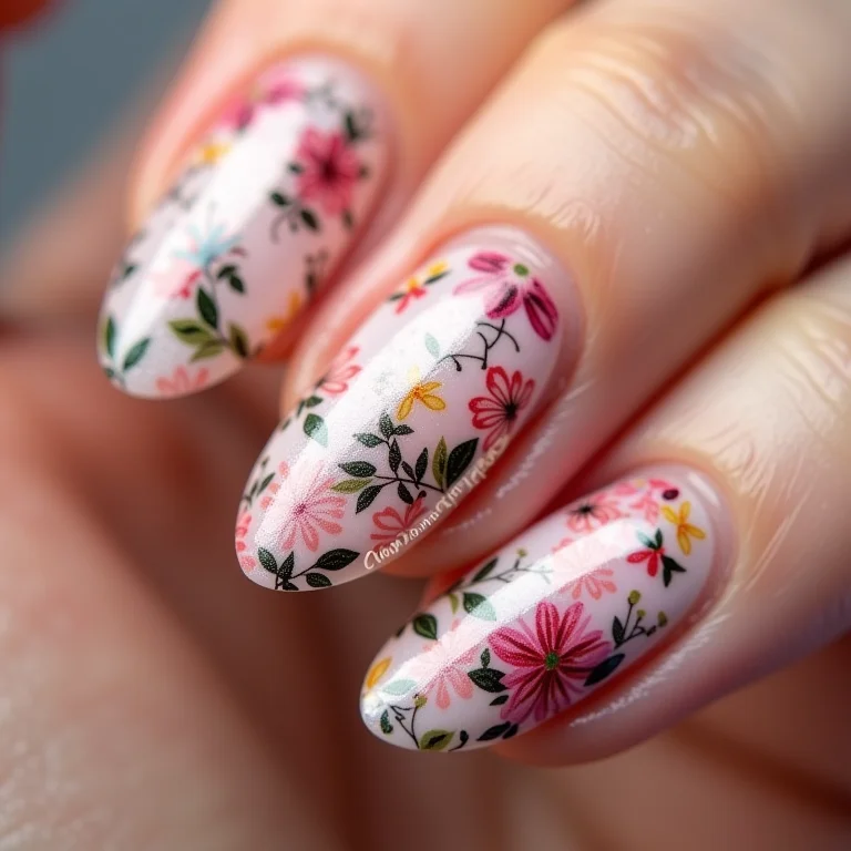 Unhas almond com películas florais