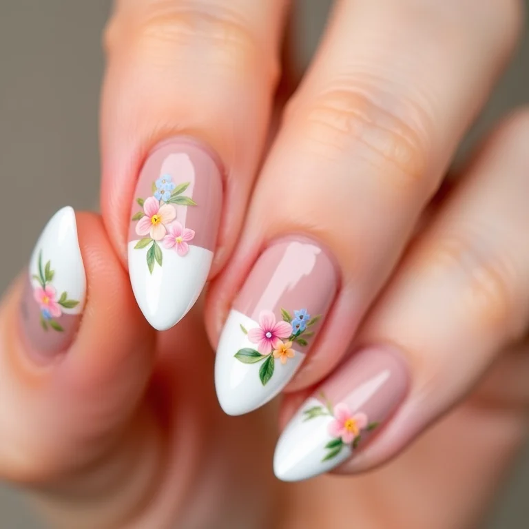 Unhas almond decoradas com flores delicadas