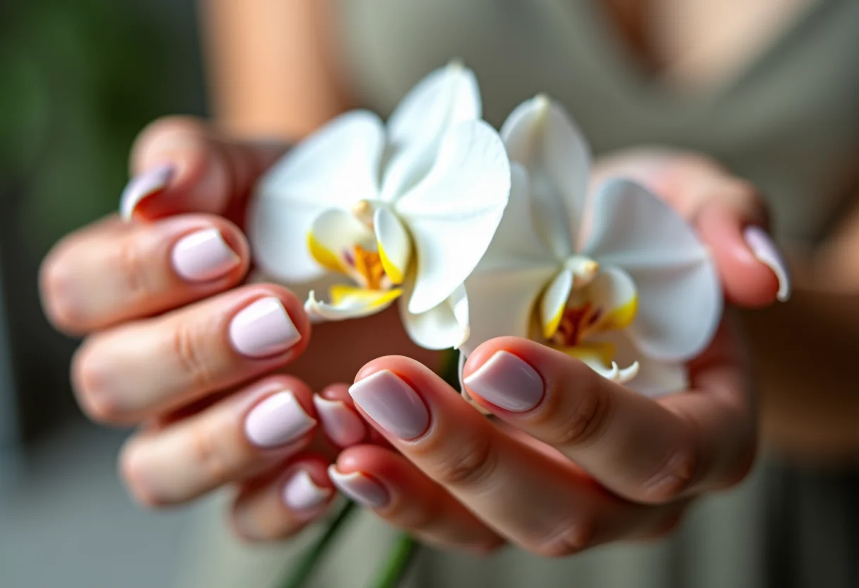 Unhas almond delicadas segurando orquídea branca