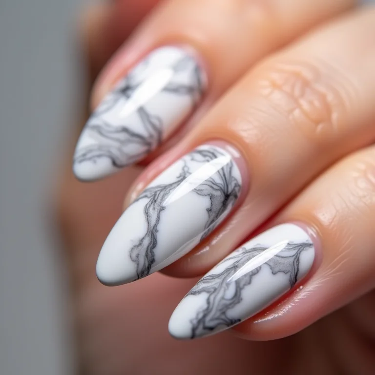 Unhas almond marmorizadas em tons de branco e cinza