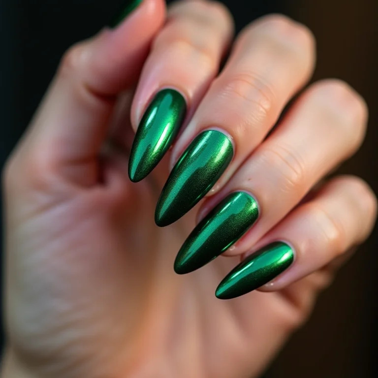 Unhas almond verdes cromadas