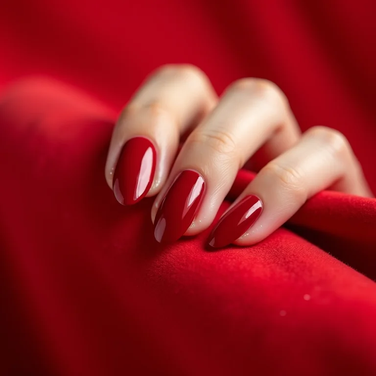 Unhas almond vermelhas cromadas sobre veludo vermelho