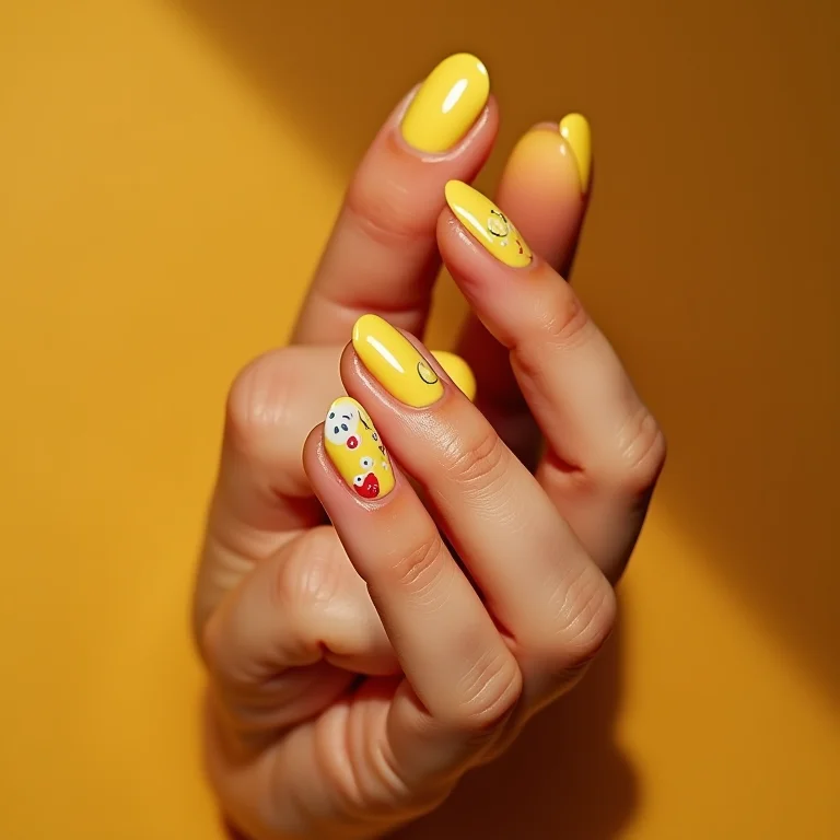 Unhas amarelas com adesivos divertidos