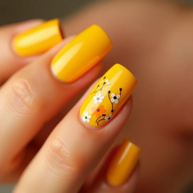 Unhas amarelas com flores delicadas