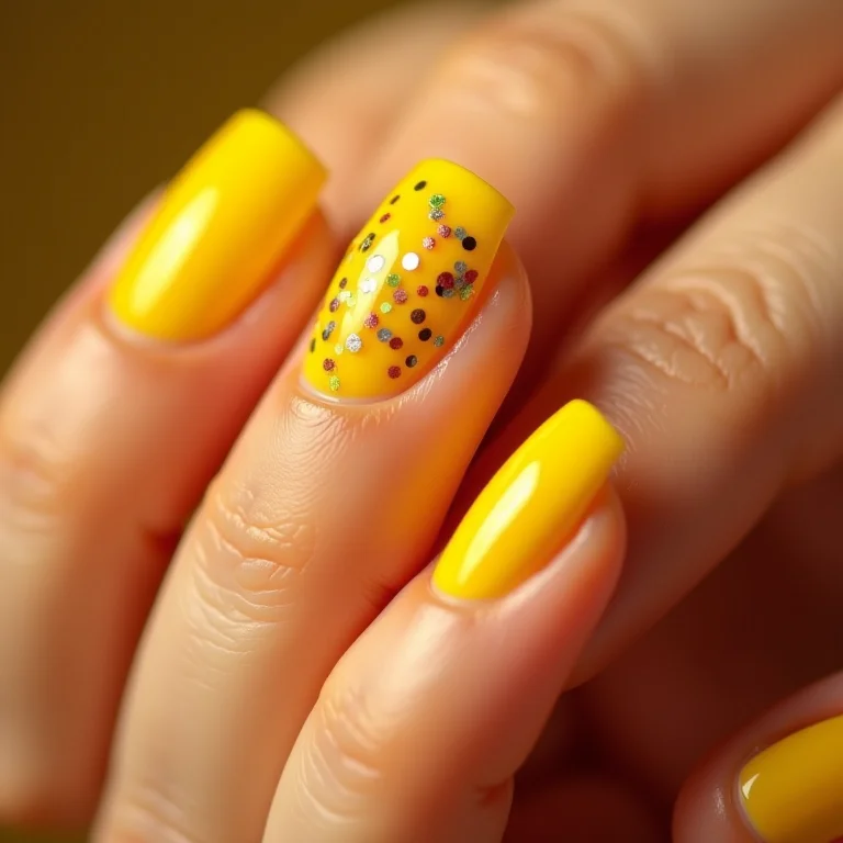 Unhas amarelas com glitter colorido