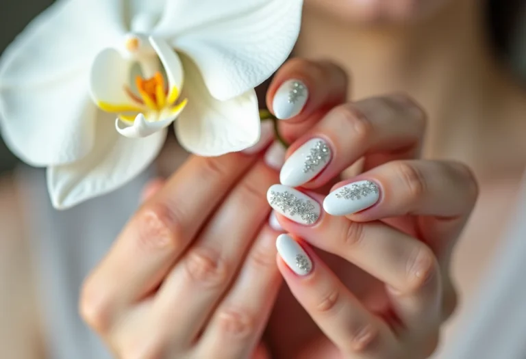 Unhas amendoadas brancas com glitter prata segurando orquídea branca