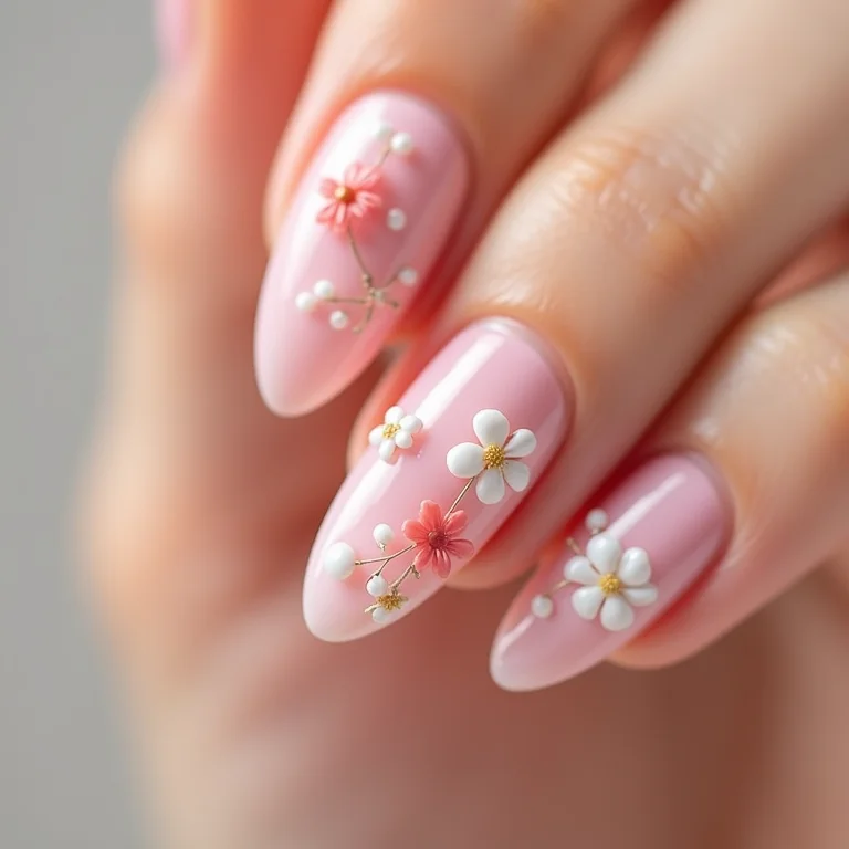 Unhas amendoadas com flores delicadas