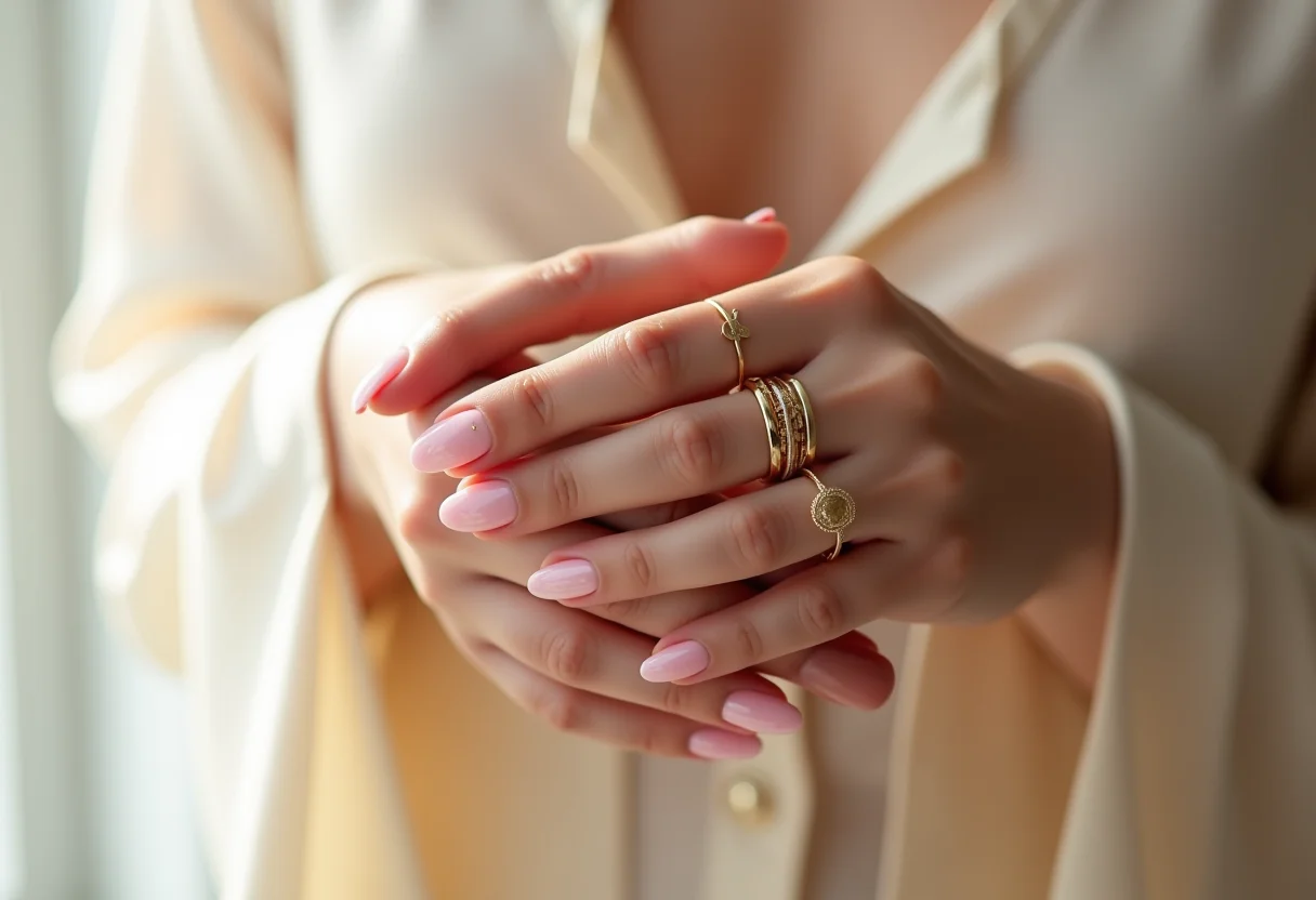 Unhas amendoadas decoradas em rosa pastel com detalhes em folha de ouro. Elegância e sofisticação para o dia a dia.