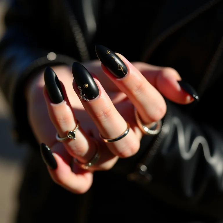 Unhas amendoadas pretas com detalhes geométricos dourados: ousadia e elegância em uma só nail art.