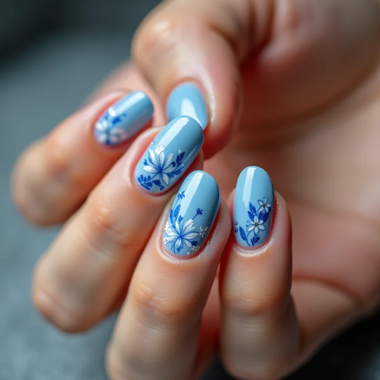 Unhas azuis com adesivos florais